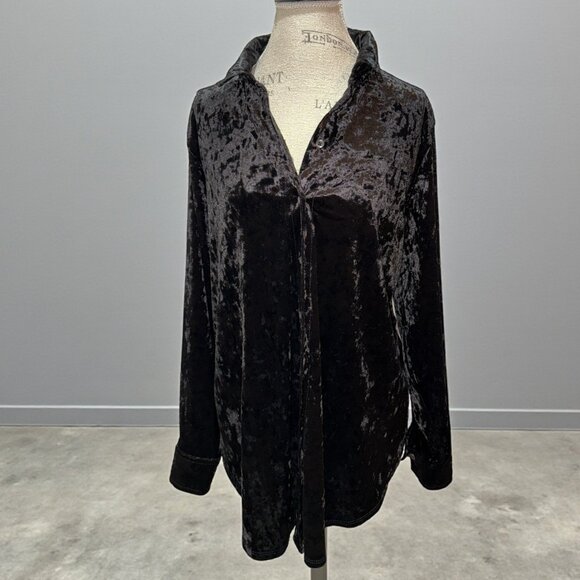 Jessica Simpson Black Crushed Velvet Shimmery Button Up Long Slv Top Women's S - Picture 1 of 11